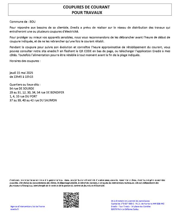 Coupure d'électricité du 15/05